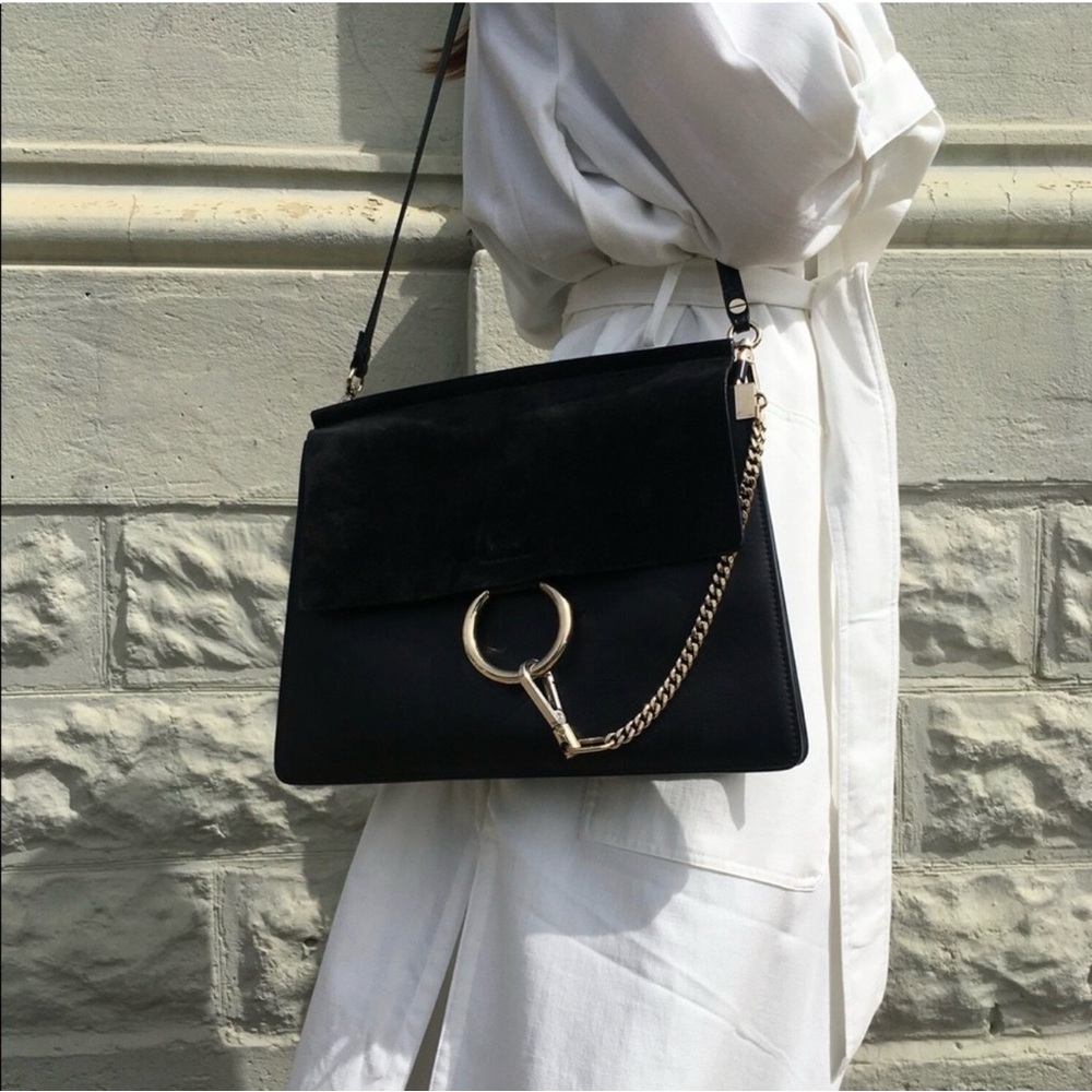 Chloe Black Suede & Leather Shoulder Crossbody Bag with Gold Hardware